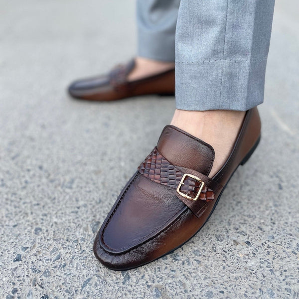 WS Pure Leather Handmade Buckled Chord-Stitch Brown Shoes WS-405