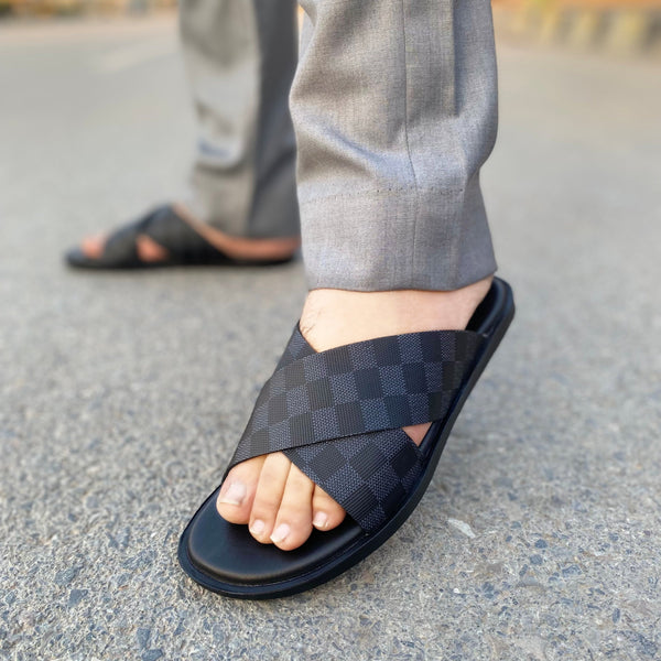 WS Handmade Checkered Cross Chappal WS-135 BLK